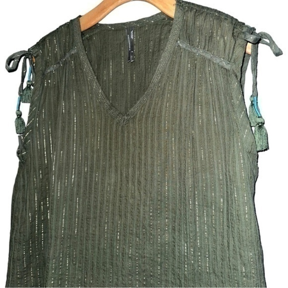Anthropologie Size S Army Olive Green Gold Thread Ruched Sleeveless Tassel Top
